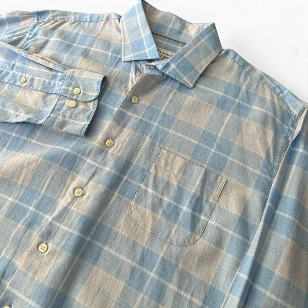 Peter Millar Long Sleeve Shirt Men XL Ice Blue Tartan Striped Cotton Button Up
